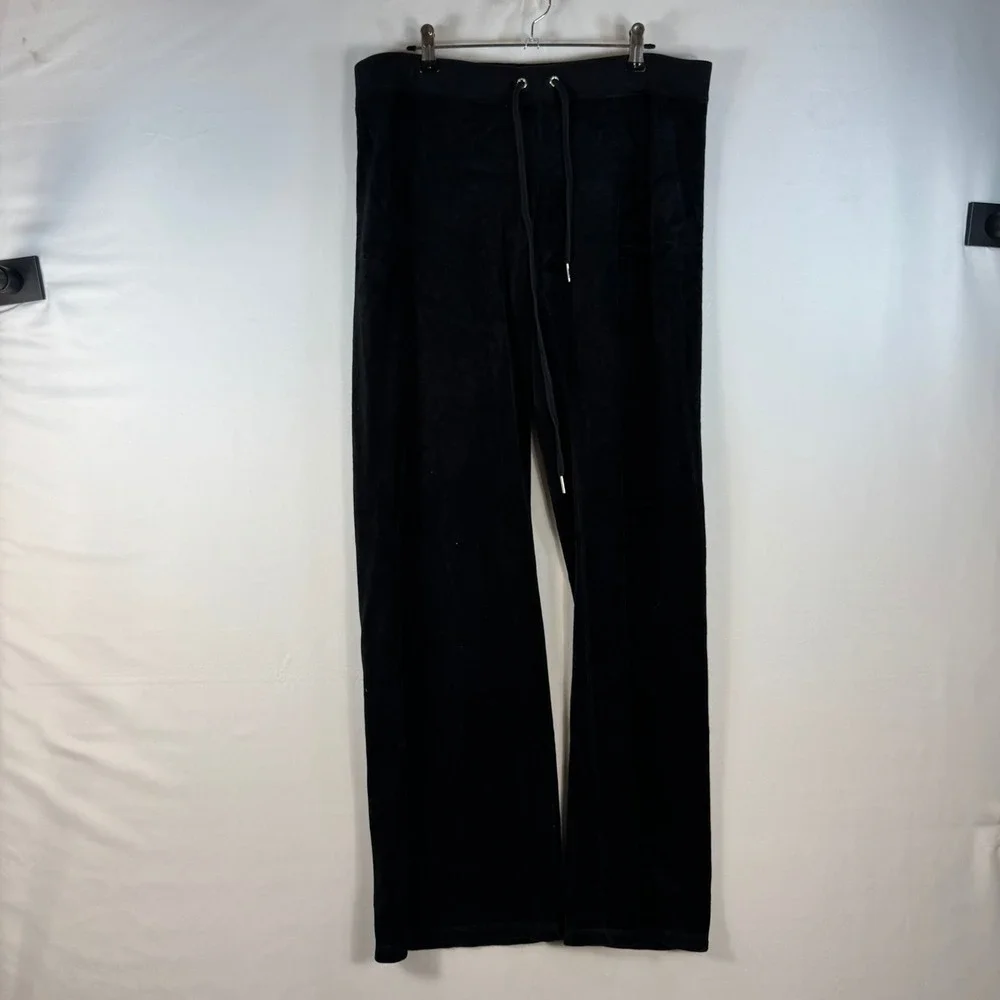 Juicy Couture Black Velour Track Pants Wide Leg Drawstring Size Medium Y2K
